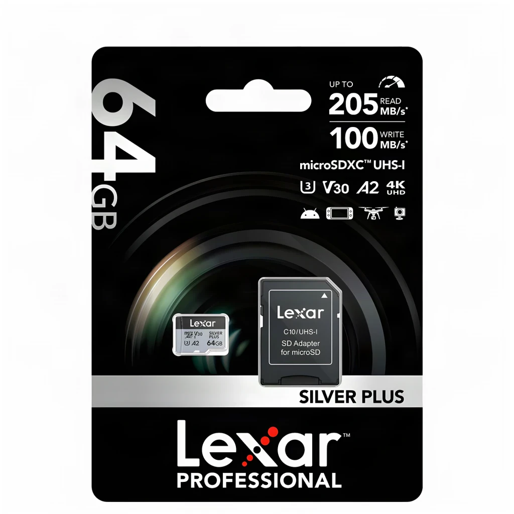 Tarjeta microSD Lexar Professional Silver Plus microSDXC 64GB V30 U3 A2, contenido de la caja: tarjeta y adaptador SD