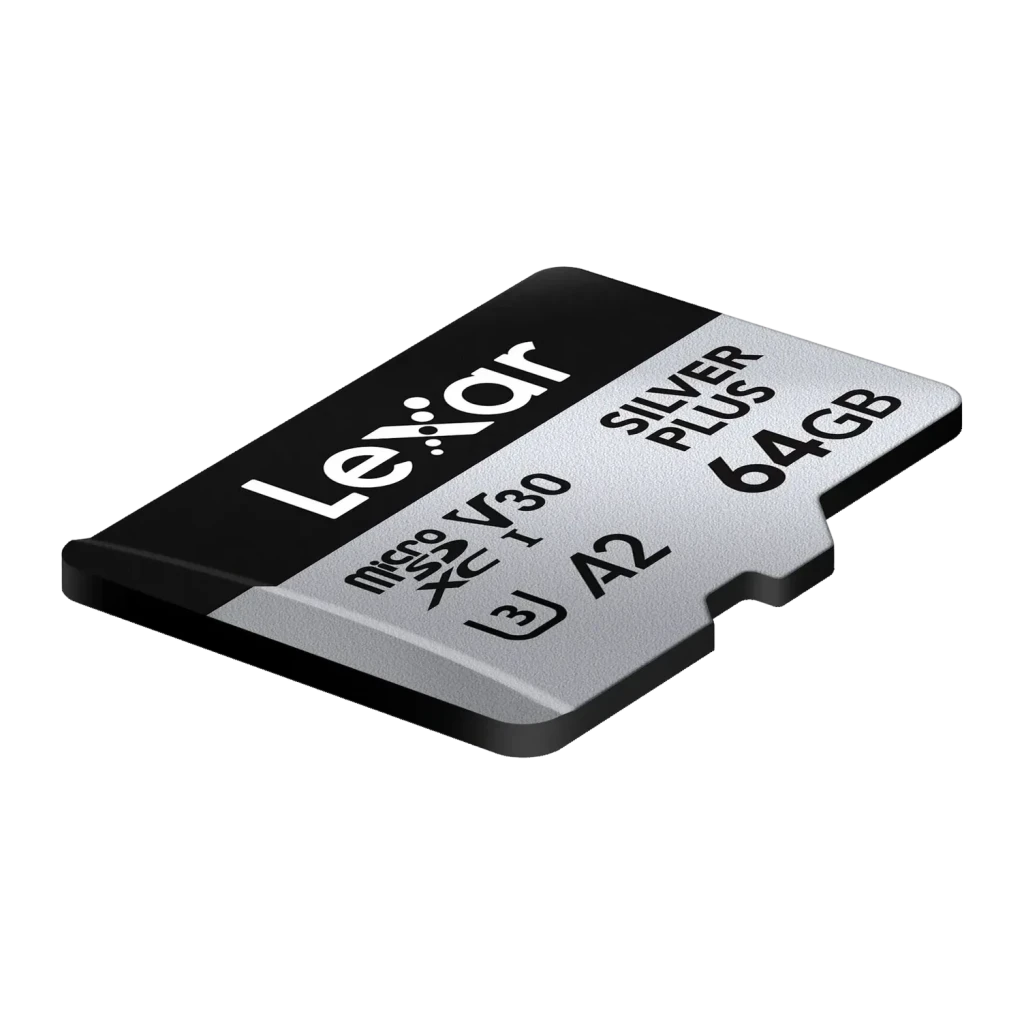 Tarjeta microSD Lexar Professional Silver Plus microSDXC 64GB V30 U3 A2, detalle: vista en ángulo con etiqueta plateada