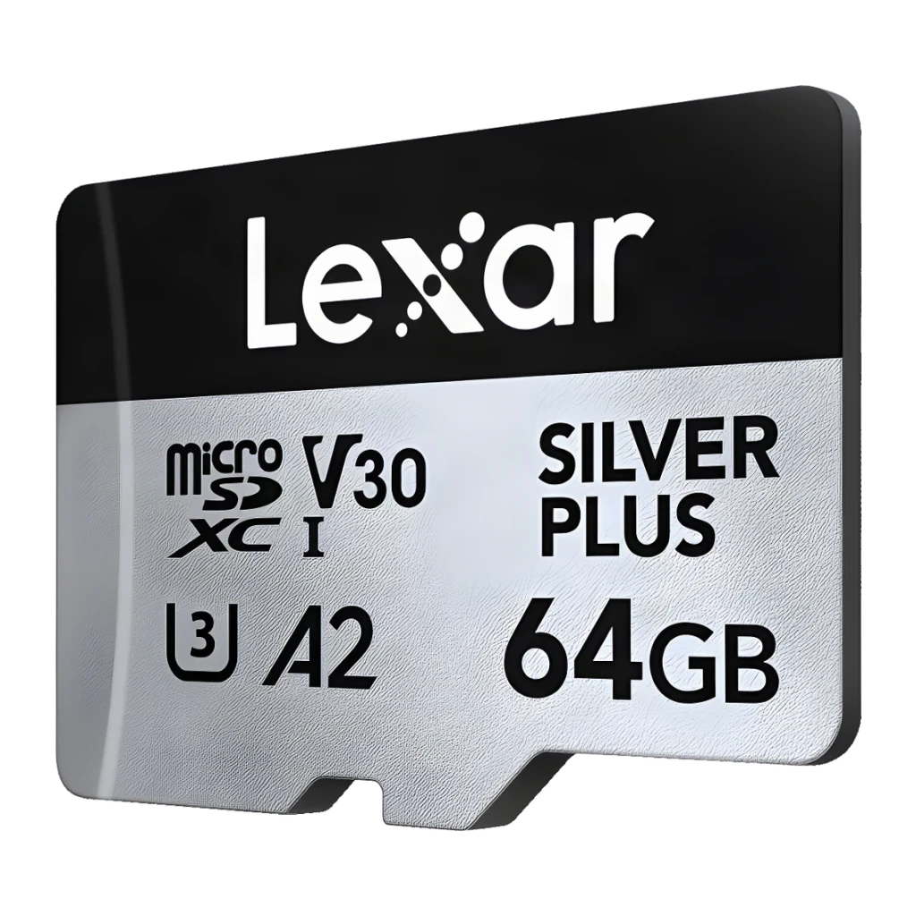 Tarjeta microSD Lexar Professional Silver Plus microSDXC 64GB V30 U3 A2, detalle: cara frontal en ángulo con logos V30, U3