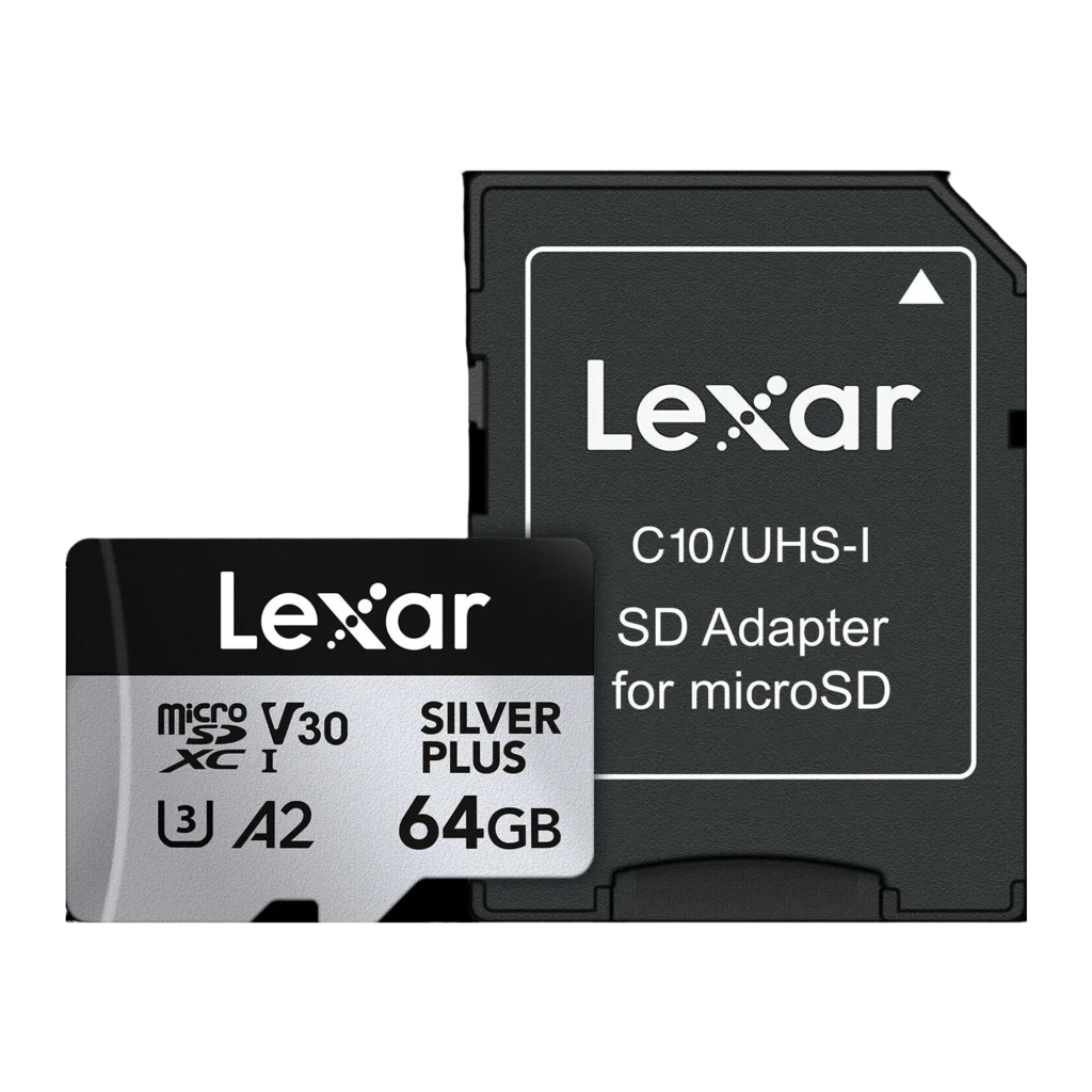 Tarjeta microSD Lexar Professional Silver Plus microSDXC 64GB V30 U3 A2, detalle: tarjeta y adaptador SD C10/UHS-I incluido