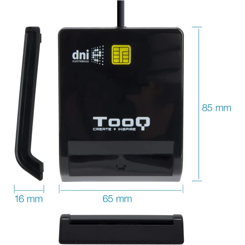 Lecteur de cartes TooQ TQR-210B Noir USB 2.0 DNIe, vue avant avec dimensions: 85x65x16 mm, support et base amovibles