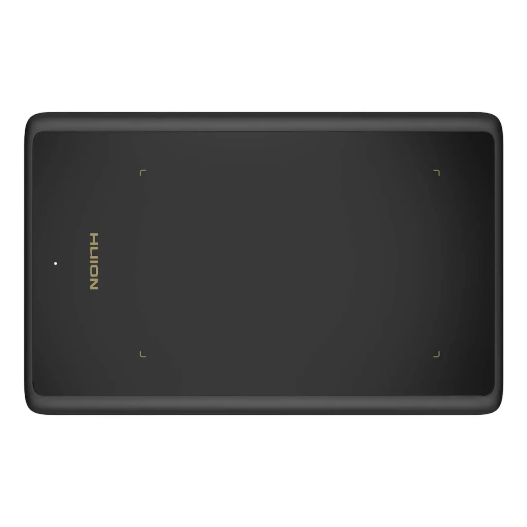 Tablet gráfica Huion Inspiroy H420X Preto 5080 LPI 8192 níveis, vista superior: superfície ativa preta com logótipo dourado