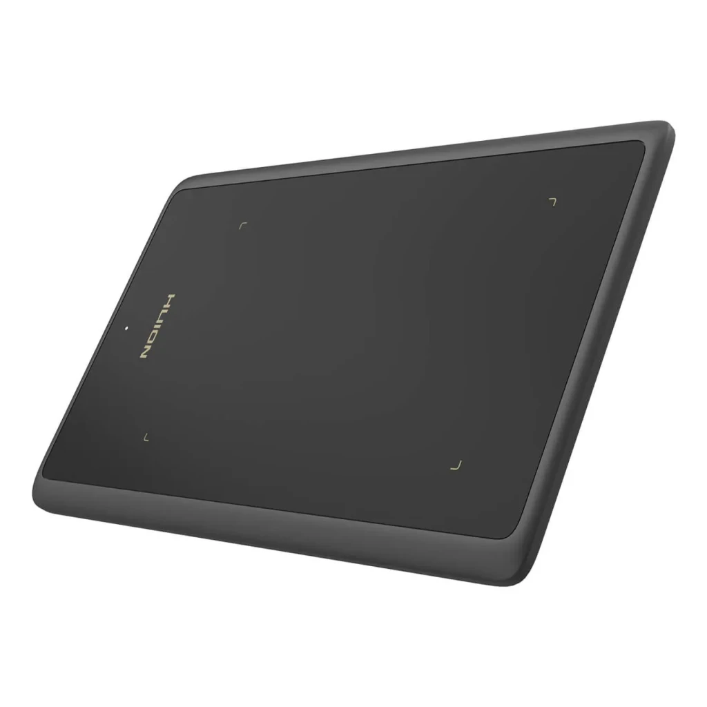Tablet gráfica Huion Inspiroy H420X Preto 5080 LPI 8192 níveis, vista em perspectiva: superfície ativa com logótipo dourado