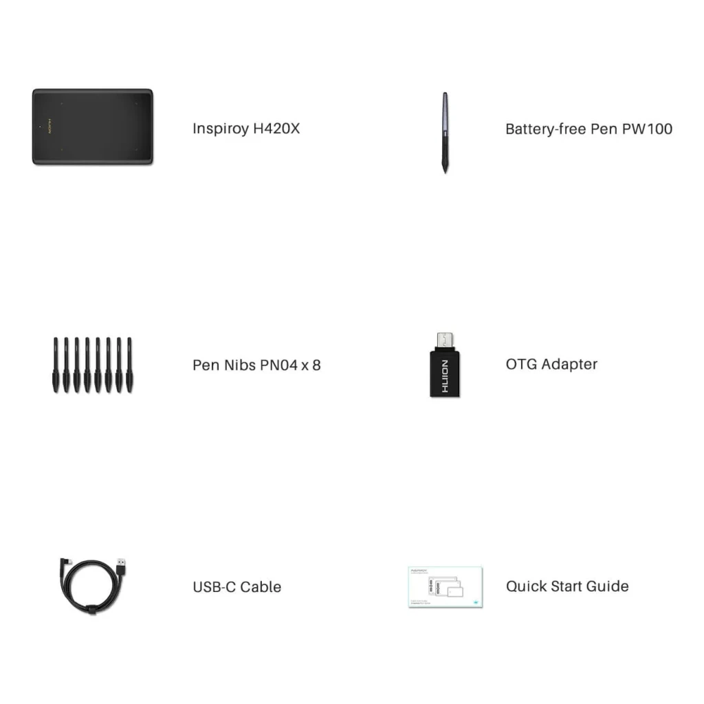 Tablet gráfica Huion Inspiroy H420X Preto 5080 LPI 8192 níveis, conteúdo da caixa: tablet, caneta PW100, 8 pontas, adaptador