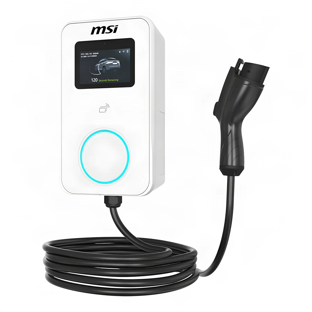 Carregador Carro Elétrico MSI EVSE EZwall Premium Max Branco 22kW Trifásico Tipo 2 5m, detalhe: ecrã LCD, leitor RFID, anel
