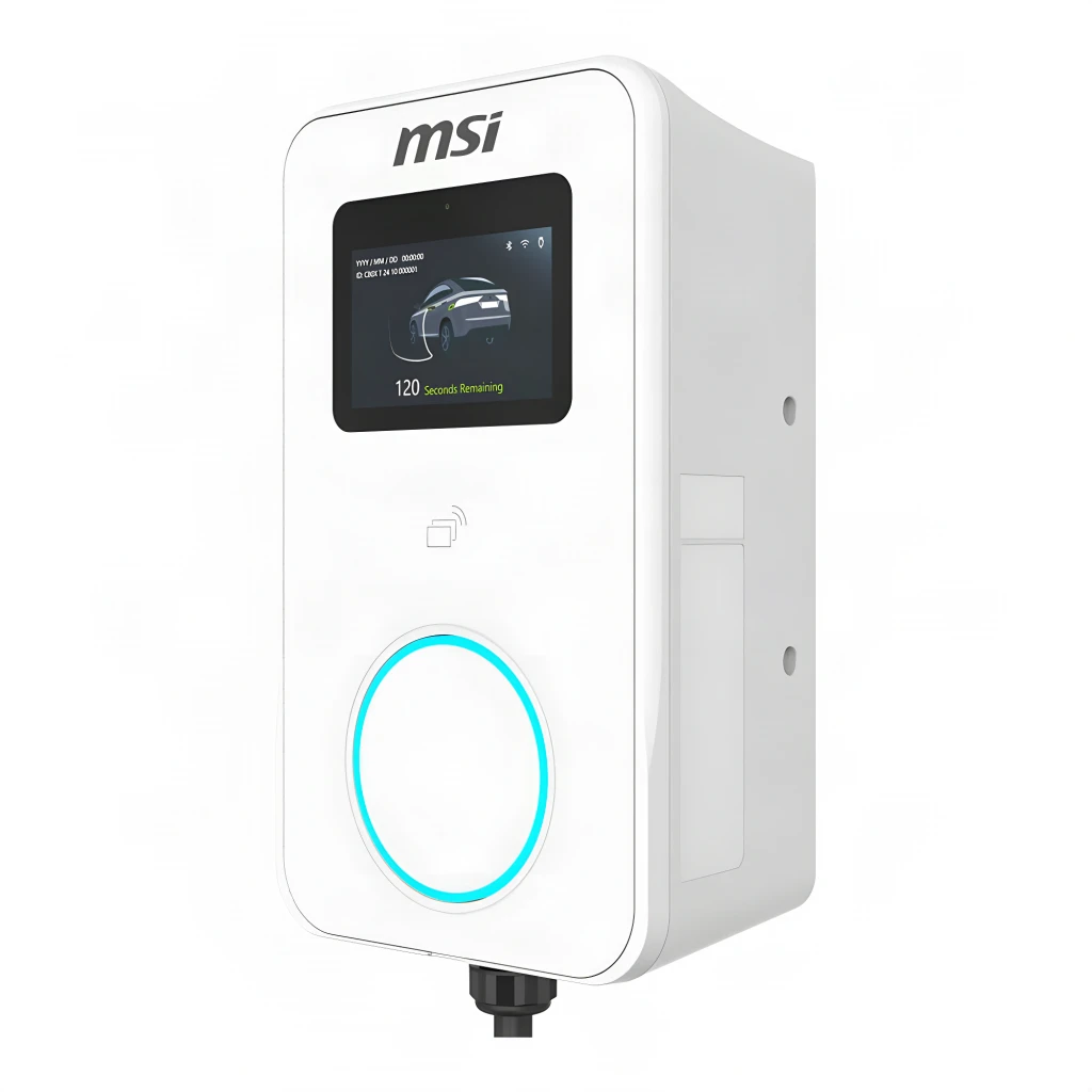 Carregador Carro Elétrico MSI EVSE EZwall Premium Max Branco 22kW Trifásico Tipo 2 5m, vista traseira: ângulo lateral