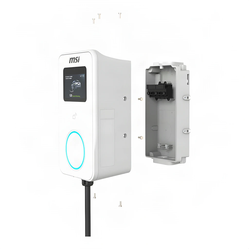 Carregador Carro Elétrico MSI EVSE EZwall Premium Max Branco 22kW Trifásico Tipo 2 5m, detalhe: caixa de instalação embutida