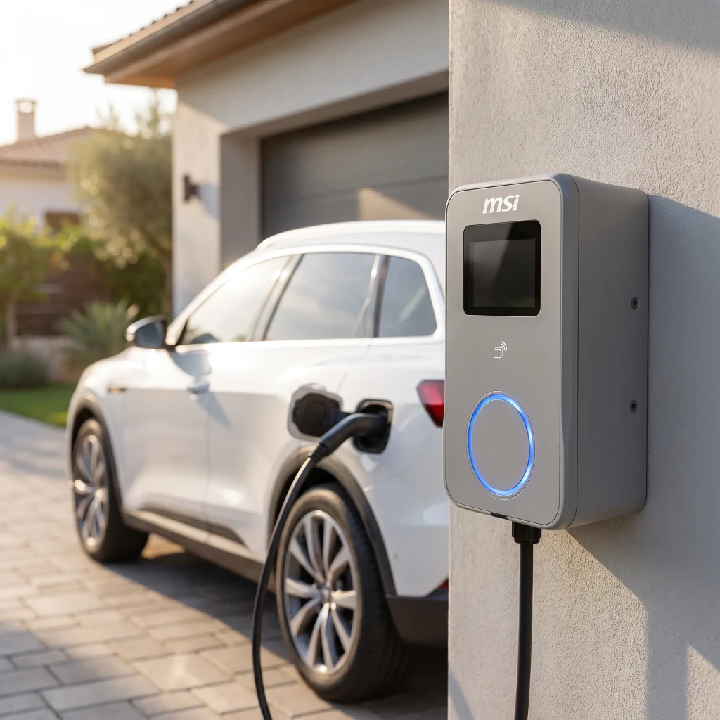 Cargador Coche Eléctrico MSI EVSE EZwall Premium Max Gris 22kW Monofásico y Trifásico 5m, en uso: montado en pared exterior