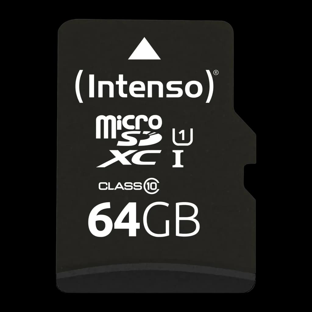 Carte microSD Intenso MicroSDXC UHS-I Premium 64 Go Noir, vue de face: face noire avec logo Intenso, icônes microSDXC UHS-I