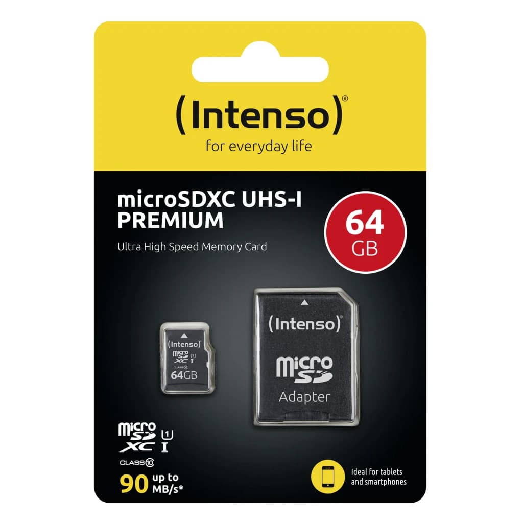 Carte microSD Intenso MicroSDXC UHS-I Premium 64 Go Noir, contenu de la boîte: blister recto avec carte et adaptateur SD