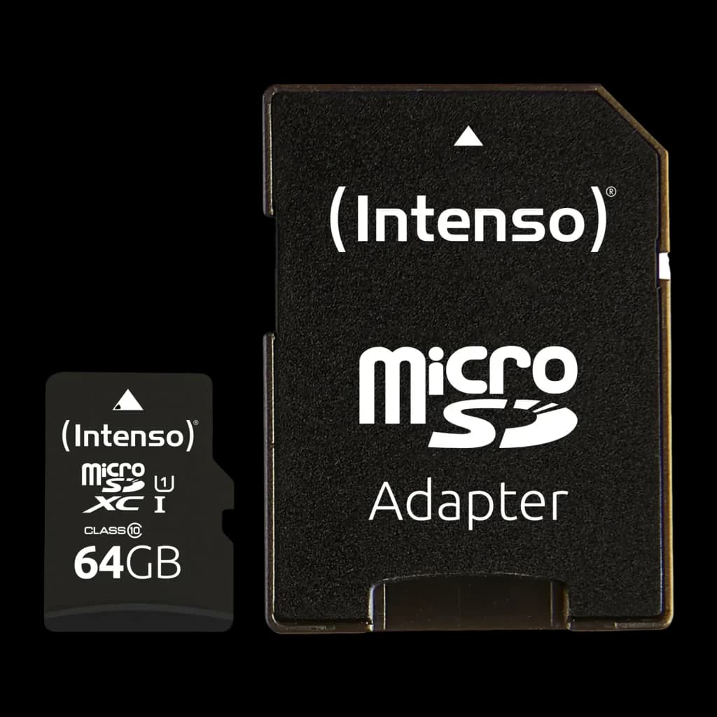 Carte microSD Intenso MicroSDXC UHS-I Premium 64 Go Noir, détail: carte et adaptateur SD noir avec logo et capacité visibles