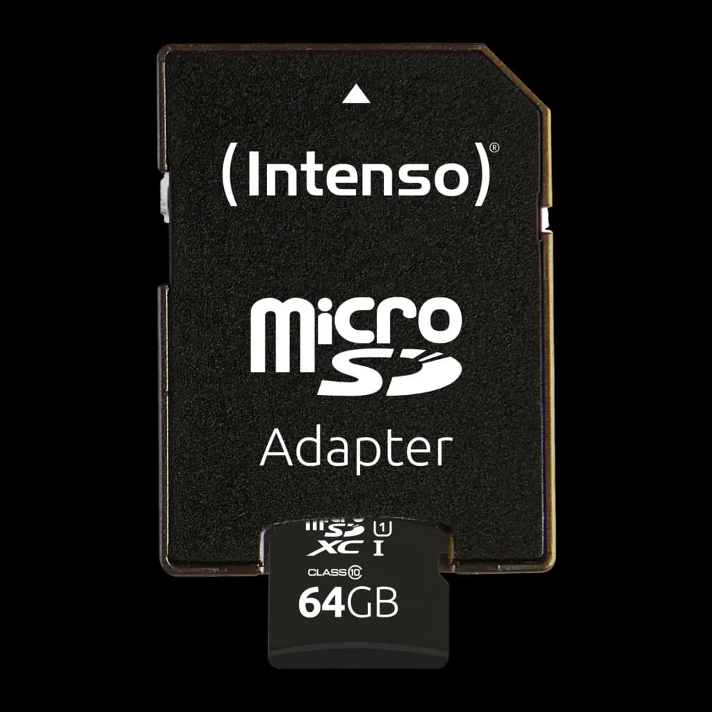 Carte microSD Intenso MicroSDXC UHS-I Premium 64 Go Noir, détail: adaptateur SD noir avec logo et microSD 64 Go insérée