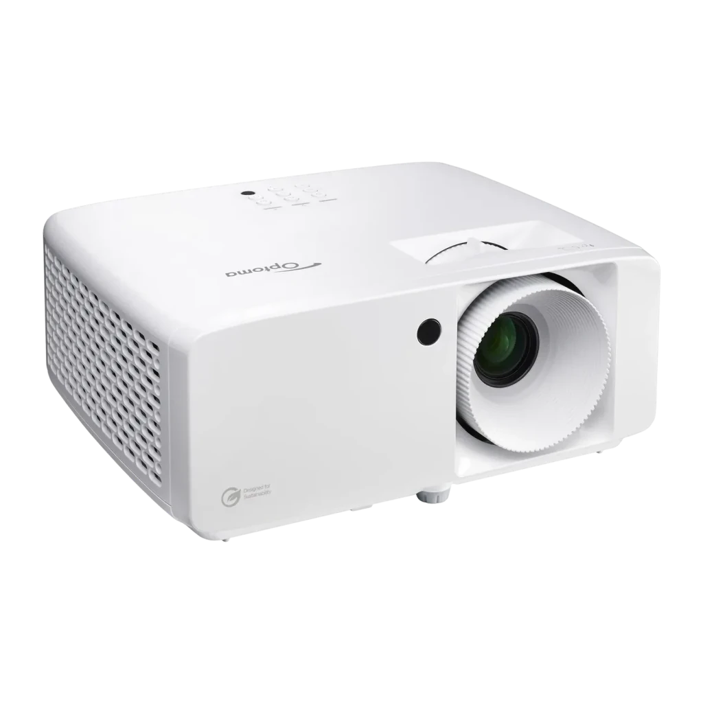 Projetor Optoma Laser 1080p 4000 Lúmens ANSI DLP Branco ZH361, detalhe: objetiva com lente verde, grelha lateral e painel