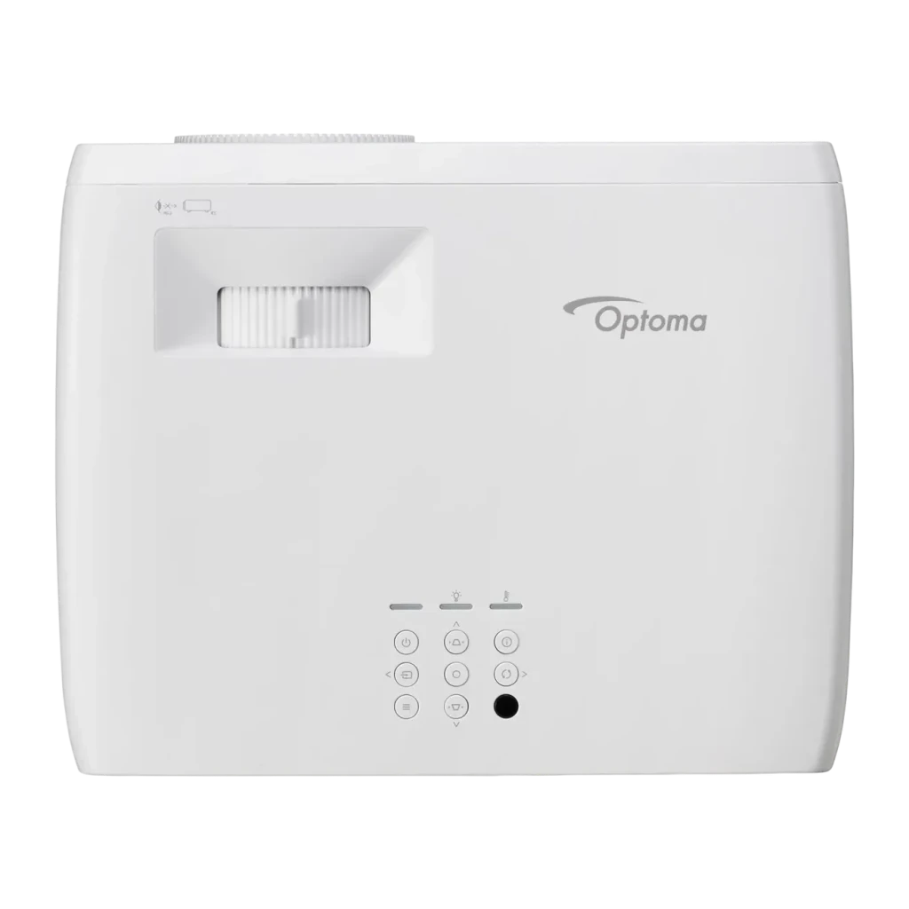 Projetor Optoma Laser 1080p 4000 Lúmens ANSI DLP Branco ZH361, detalhe: vista superior com lente, roda de zoom e painel