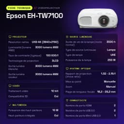 Proyector Epson 4K UHD 3840x2160 3000 Lúmenes ANSI 3LCD Blanco EH-TW7100 - características