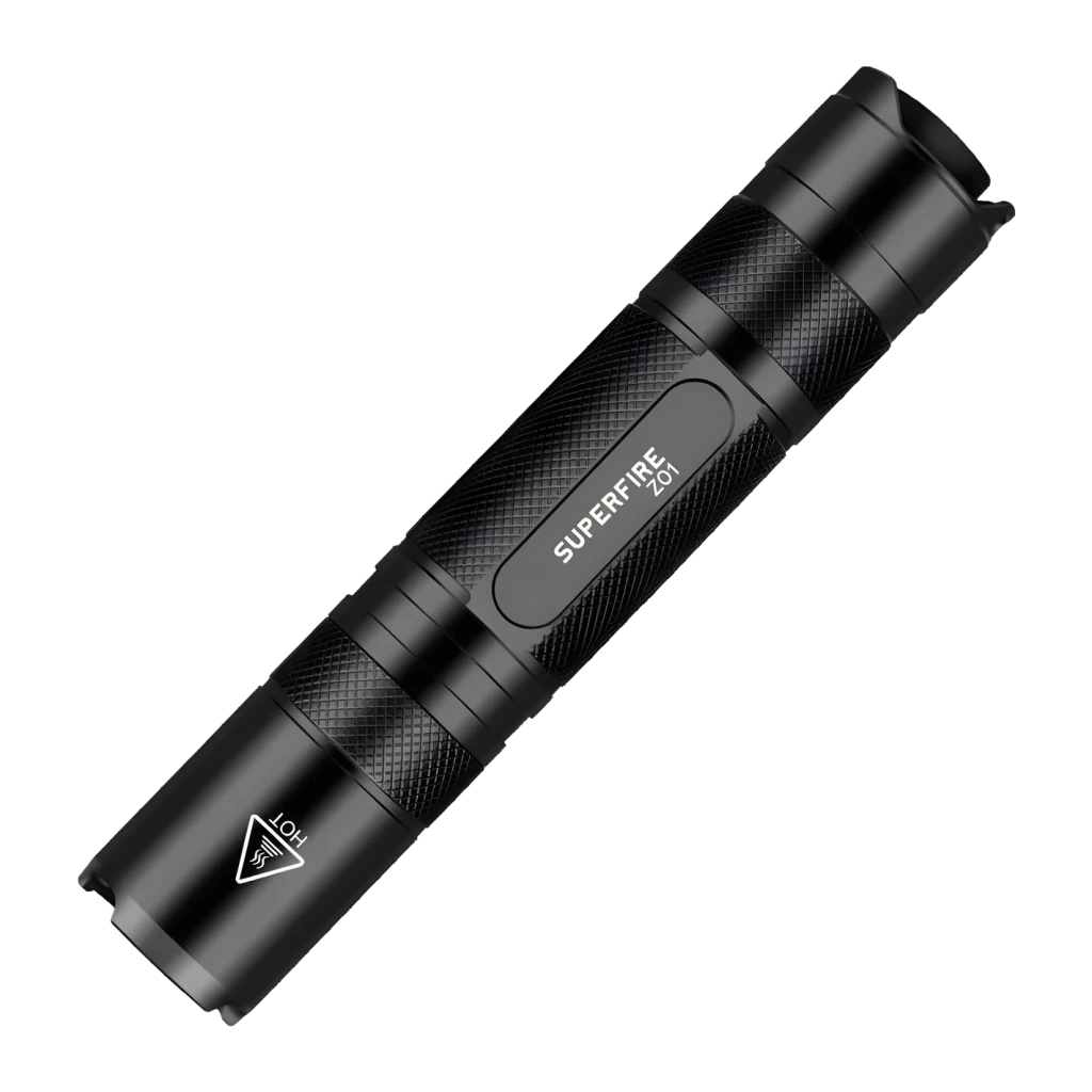 Linterna UV Superfire Z01 365nm Negro Recargable USB 3W 8m, vista frontal: cuerpo negro en diagonal, textura knurling, logo