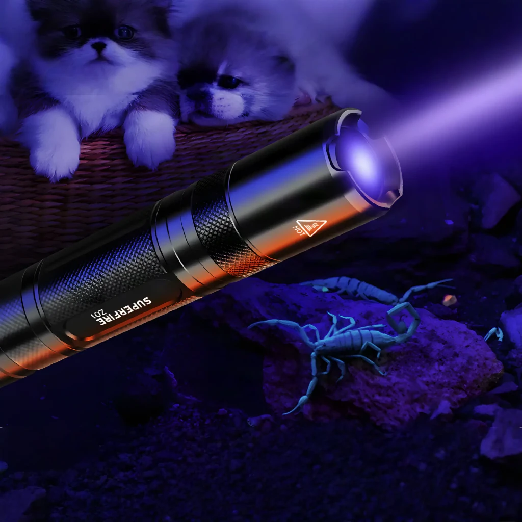 Linterna UV Superfire Z01 365nm Negro Recargable USB 3W 8m, en uso: haz UV iluminando escorpión fluorescente y cachorros