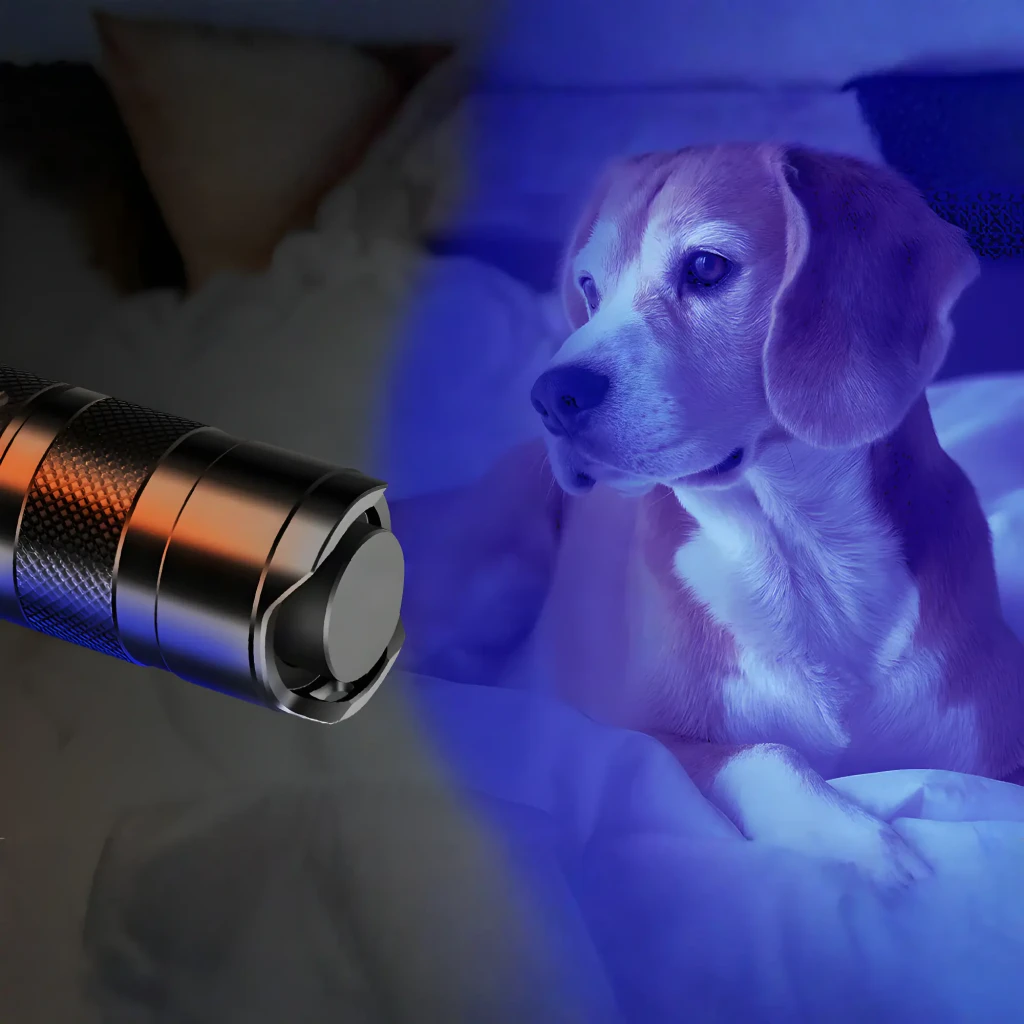 Linterna UV Superfire Z01 365nm Negro Recargable USB 3W 8m, en uso: ilumina con luz violeta a un perro beagle en cama