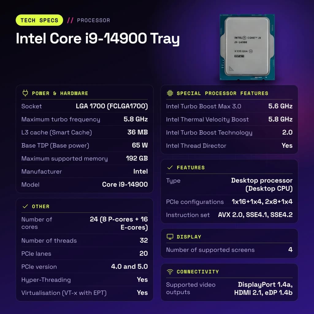Procesador Intel Core i9-14900 24 Núcleos 5,8 GHz 36 MB LGA1700 Bandeja - características