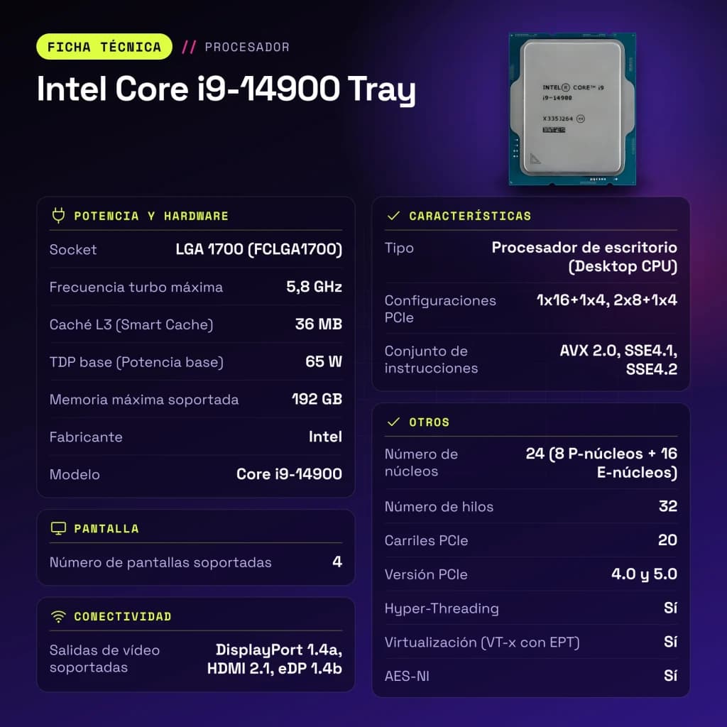 Procesador Intel Core i9-14900 24 Núcleos 5,8 GHz 36 MB LGA1700 Bandeja - características
