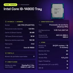Procesador Intel Core i9-14900 24 Núcleos 5,8 GHz 36 MB LGA1700 Bandeja - características