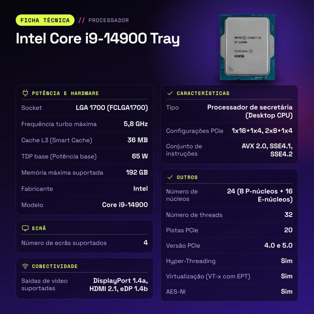 Procesador Intel Core i9-14900 24 Núcleos 5,8 GHz 36 MB LGA1700 Bandeja - características
