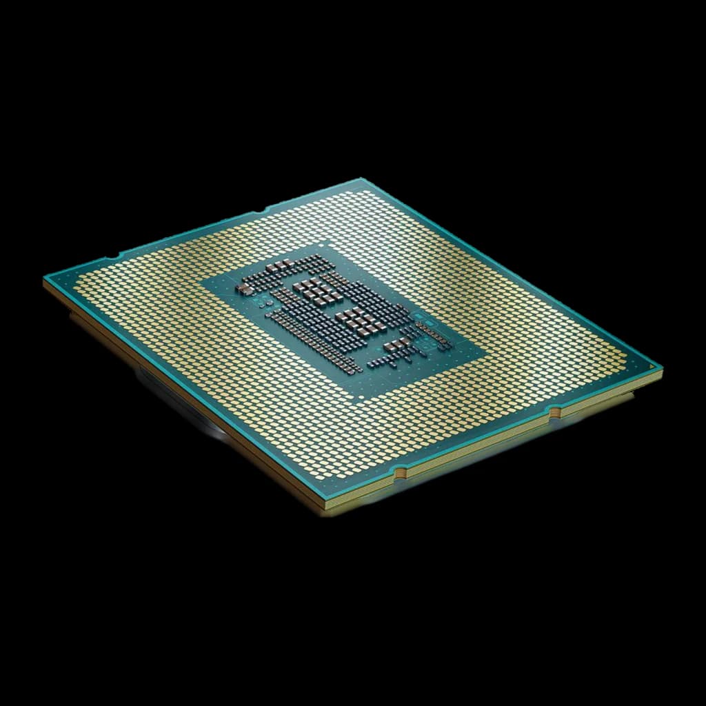 Intel Core i9-14900 Tray 24 Núcleos LGA1700, vista trasera: contactos dorados LGA1700 y die central en perspectiva