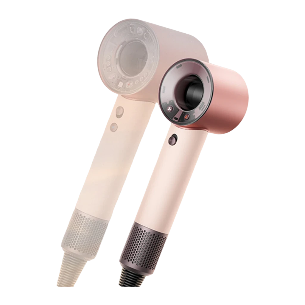 Secador de pelo Dyson Supersonic Travel 1220W Rosa, detalle: secador junto a su funda protectora transparente, rejilla