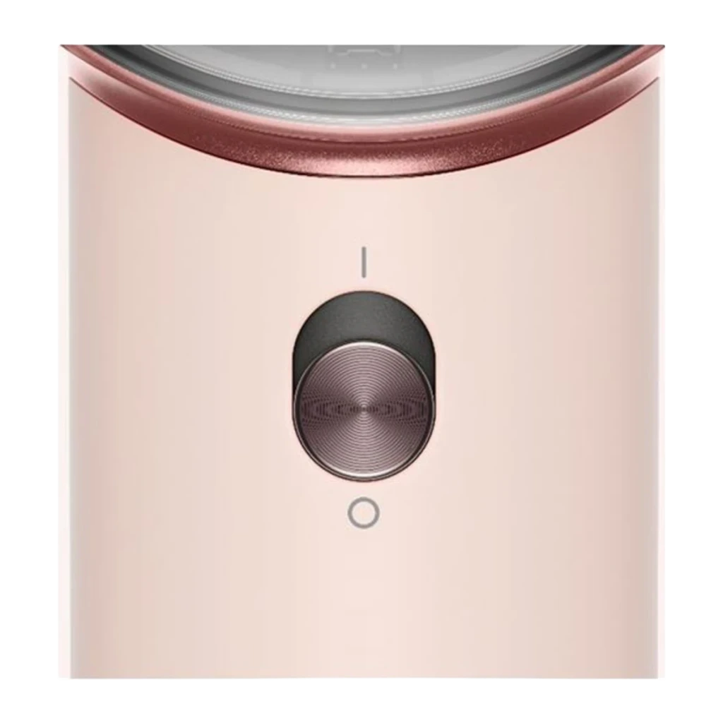 Secador de pelo Dyson Supersonic Travel 1220W Rosa, detalle: botón de encendido giratorio gris con marcas I y O en cuerpo