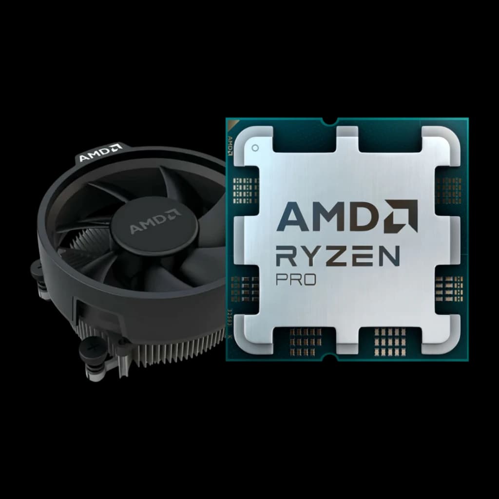 AMD Ryzen 7 PRO 7745 8 Núcleos AM5 Caixa, vista frontal: IHS prateado com logo AMD Ryzen PRO e cooler preto incluído