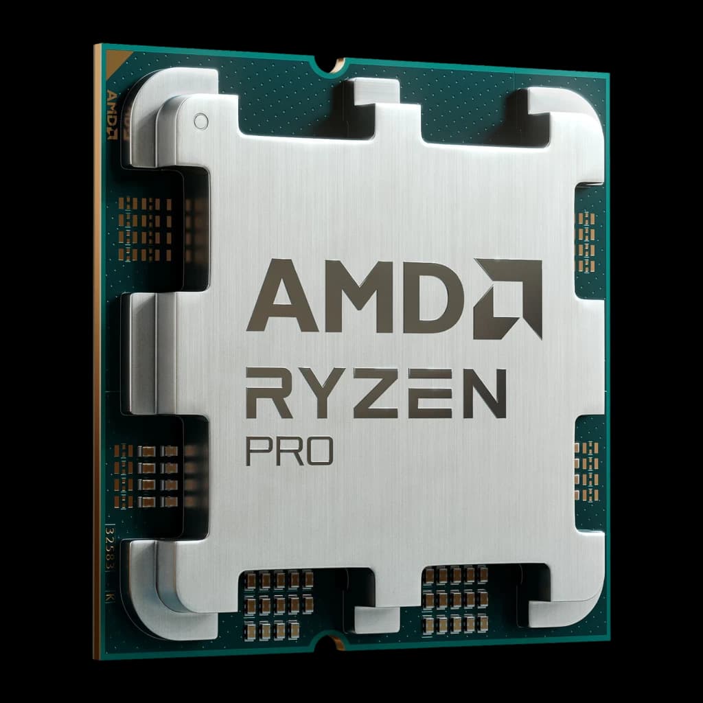 AMD Ryzen 7 PRO 7745 8 Núcleos AM5 Caixa, detalhe: IHS metálico escovado com logo AMD Ryzen PRO e contactos dourados visíveis