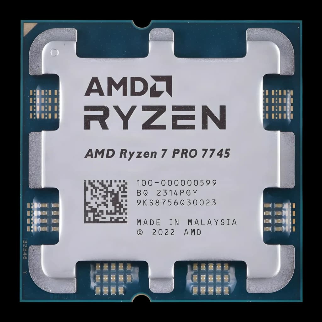 AMD Ryzen 7 PRO 7745 8 Núcleos AM5 Caixa, detalhe: IHS prateado com logo AMD Ryzen e contactos dourados AM5 visíveis
