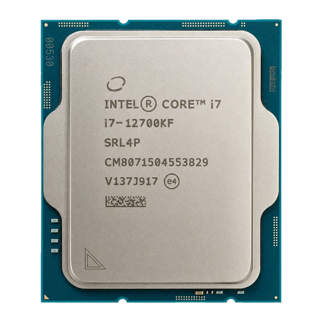 Intel Core i7-12700KF Tray 12 Cœurs LGA1700, vue de face: IHS argenté avec logo Intel Core i7 et sérigraphie du modèle