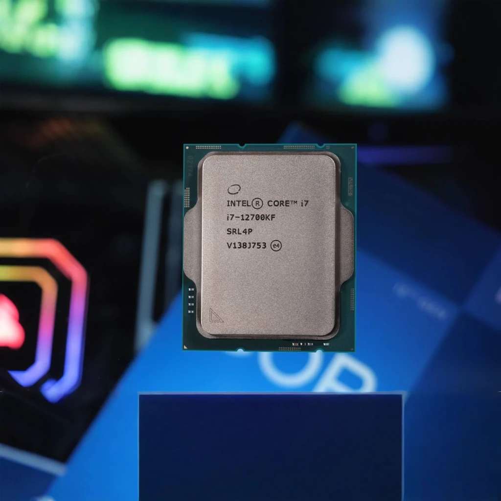 Intel Core i7-12700KF Tray 12 Cœurs LGA1700, en situation: IHS métallique gravé du modèle sur socle bleu et fond RGB