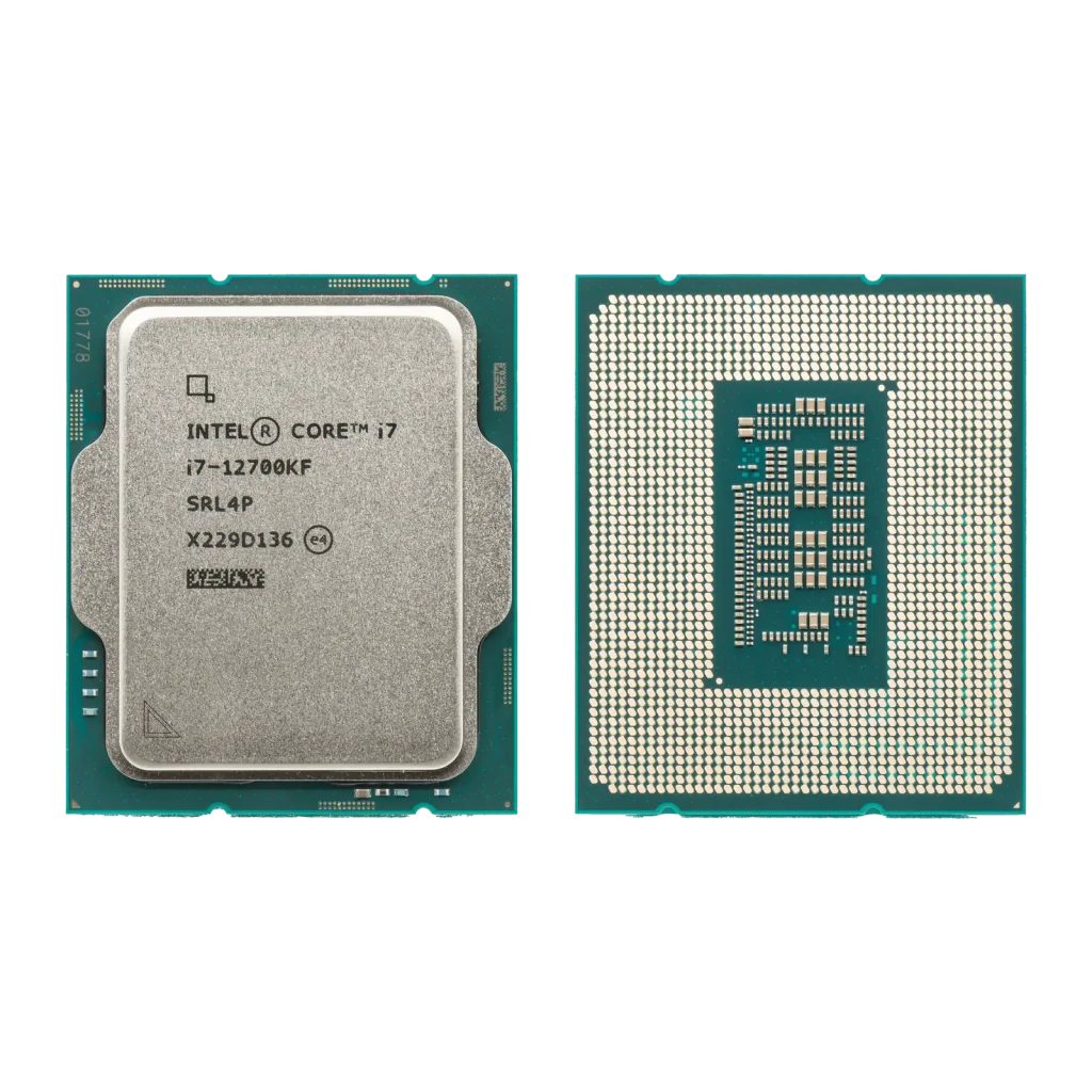 Intel Core i7-12700KF Tray 12 Cœurs LGA1700, vue arrière: IHS métallique avec étiquette et contacts LGA1700 visibles