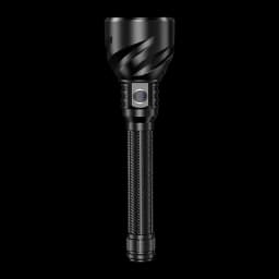 Lampe torche LED Superfire TF02 Noir Rechargeable USB-C 3300 Lumens 1100 m, détail: tête gravée en spirale, bouton latéral