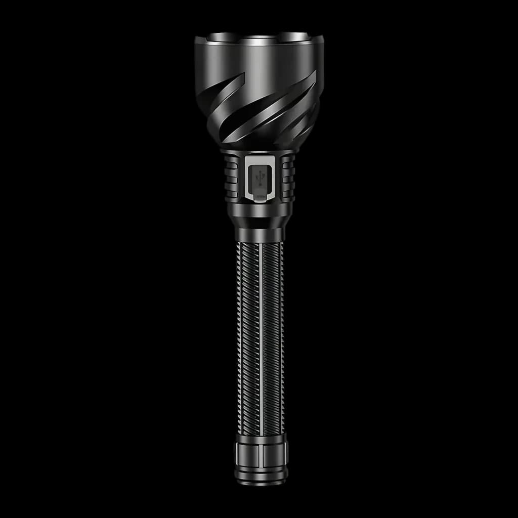 Lampe torche LED Superfire TF02 Noir Rechargeable USB-C 3300 Lumens 1100 m, vue arrière: port USB-C et poignée striée