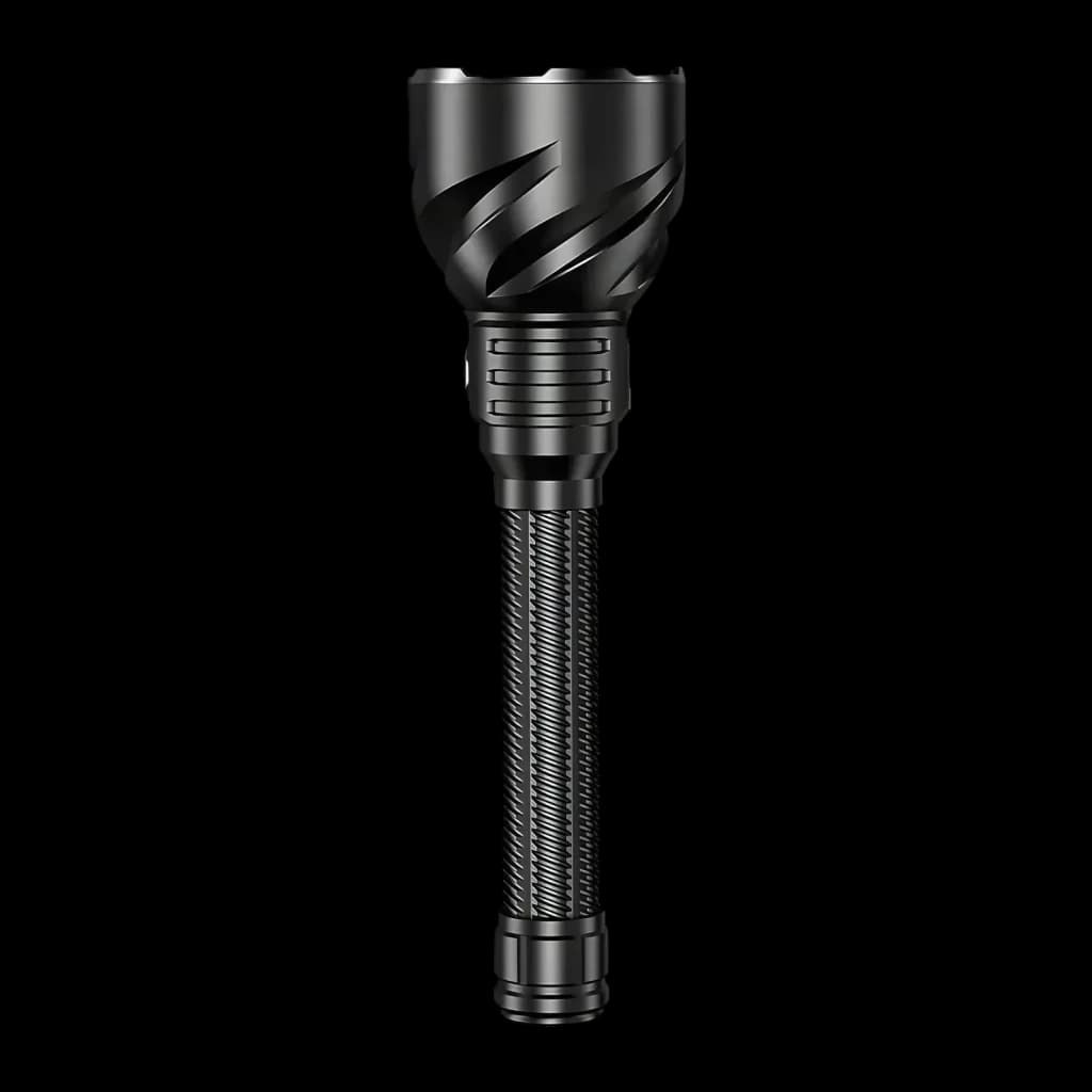 Lampe torche LED Superfire TF02 Noir Rechargeable USB-C 3300 Lumens 1100 m, détail: corps vertical entier avec striures