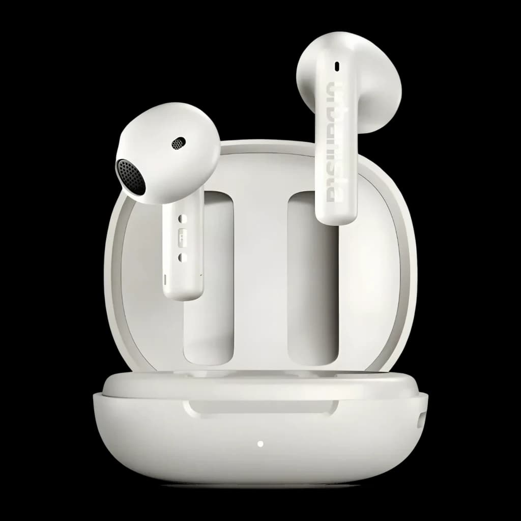 Auriculares Urbanista Santa Monica True Wireless Cancelación de Ruido TWS Blanco, vista frontal: ambos earbuds en estuche