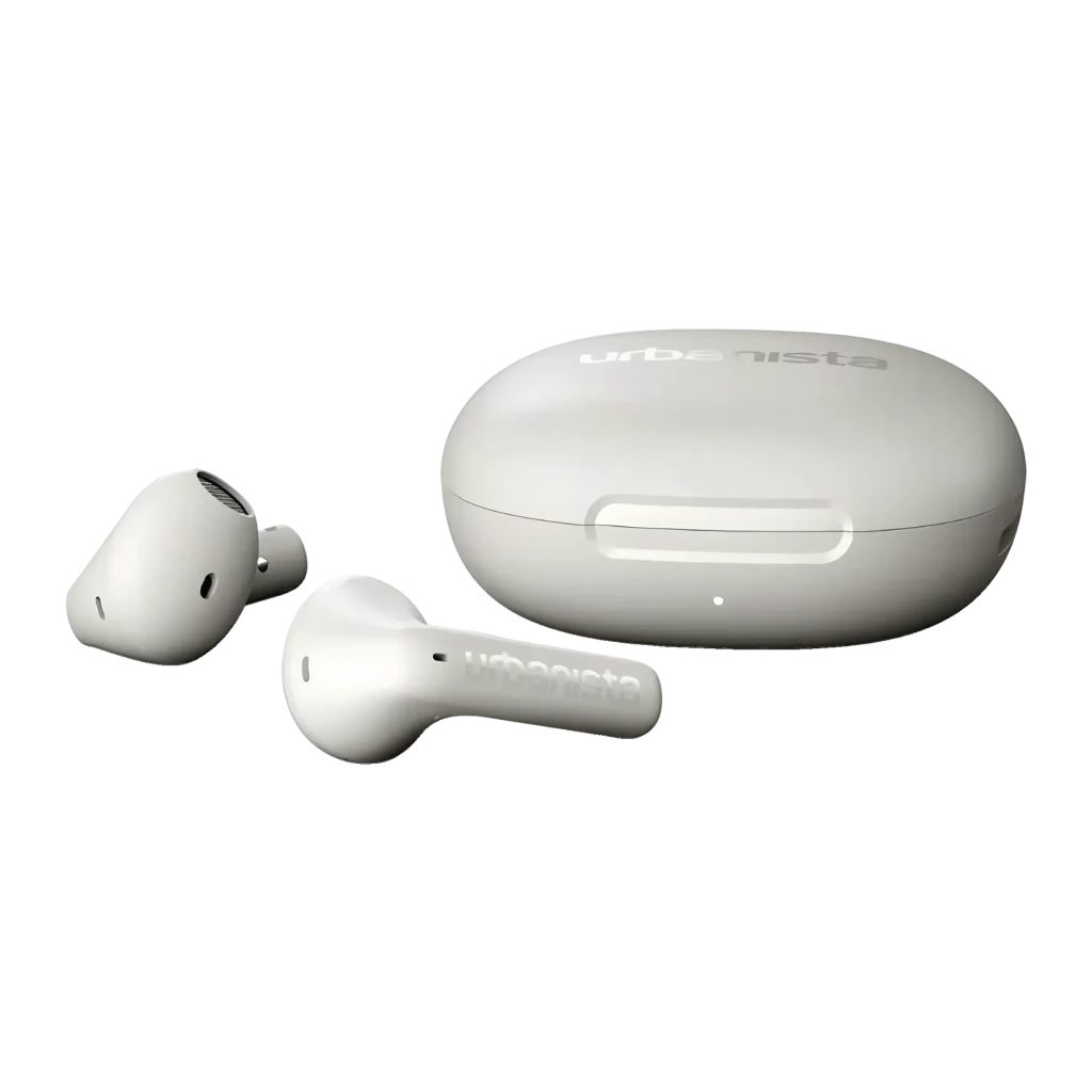 Auriculares Urbanista Santa Monica True Wireless Cancelación de Ruido TWS Blanco, detalle: auriculares y estuche de carga