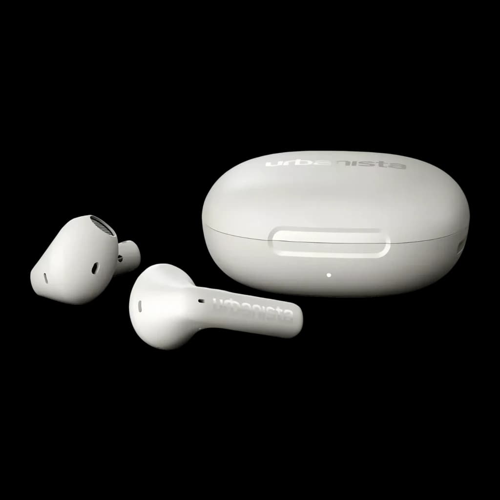 Auriculares Urbanista Santa Monica True Wireless Cancelación de Ruido TWS Blanco, detalle: auriculares y estuche de carga