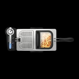 Friteuse Taurus Professional 3 Plus 3L 2100W Acier Inoxydable, détail vue du dessus: couvercle ouvert avec fenêtre et frites