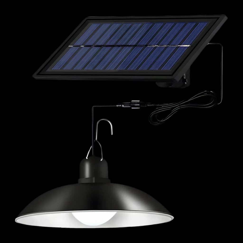 Lampe solaire SUPERFIRE Noir 6W 120 LEDs 3m Portée FF10-B, vue de face: abat-jour pendant noir avec crochet relié par câble