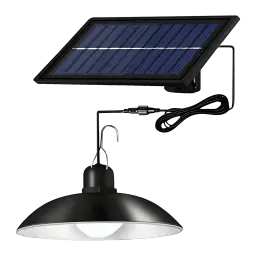 Lampe solaire SUPERFIRE Noir 6W 120 LEDs 3m Portée FF10-B, vue de face: abat-jour pendant noir avec crochet relié par câble