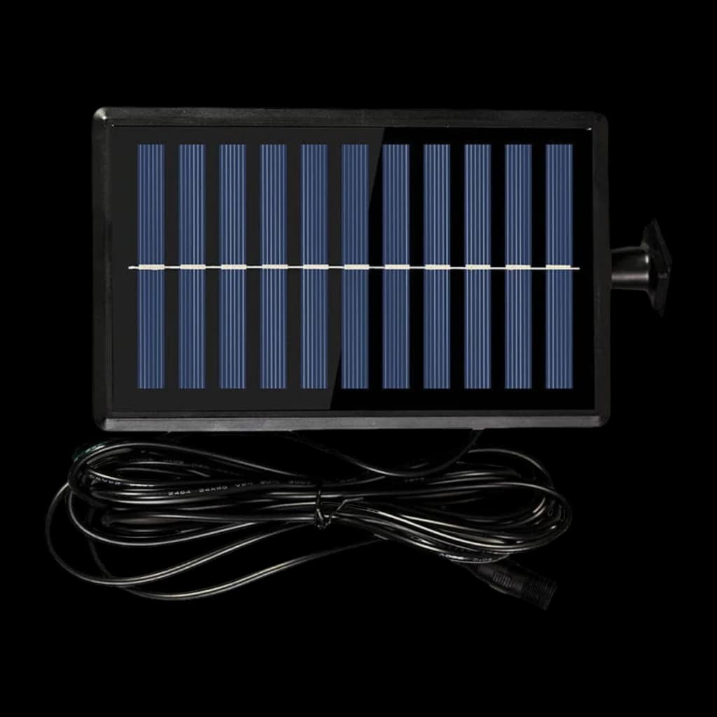Lampe solaire SUPERFIRE Noir 6W 120 LEDs 3m Portée FF10-B, détail: panneau solaire bleu avec cadre noir et long câble enroulé