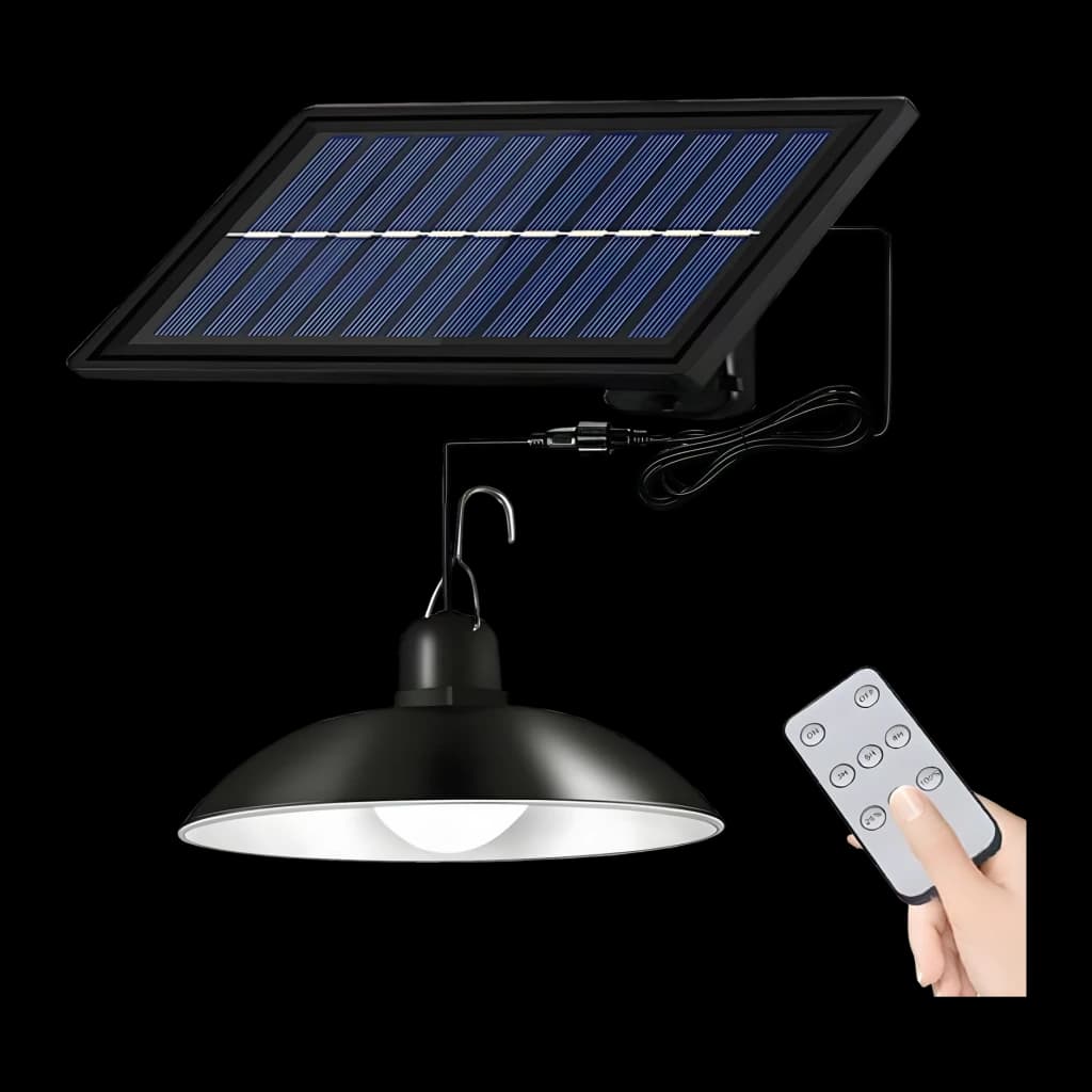 Lampe solaire SUPERFIRE Noir 6W 120 LEDs 3m Portée FF10-B, détail: panneau solaire, luminaire suspendu avec crochet