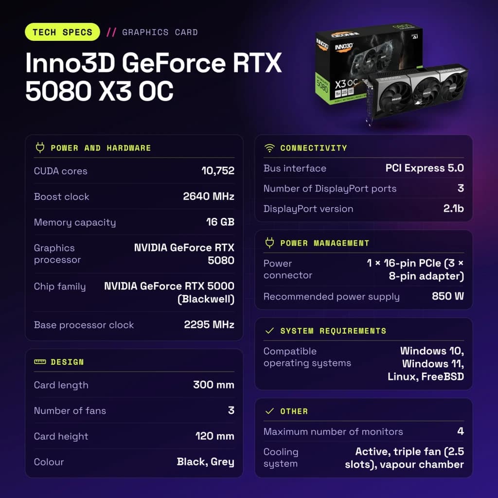 Inno3D GeForce RTX 5080 X3 OC 16GB GDDR7 Negro - características