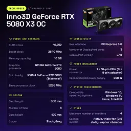 Inno3D GeForce RTX 5080 X3 OC 16GB GDDR7 Negro - características