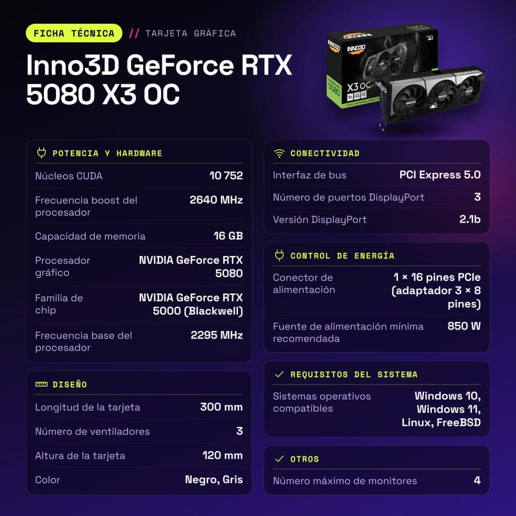 Inno3D GeForce RTX 5080 X3 OC 16GB GDDR7 Negro - características