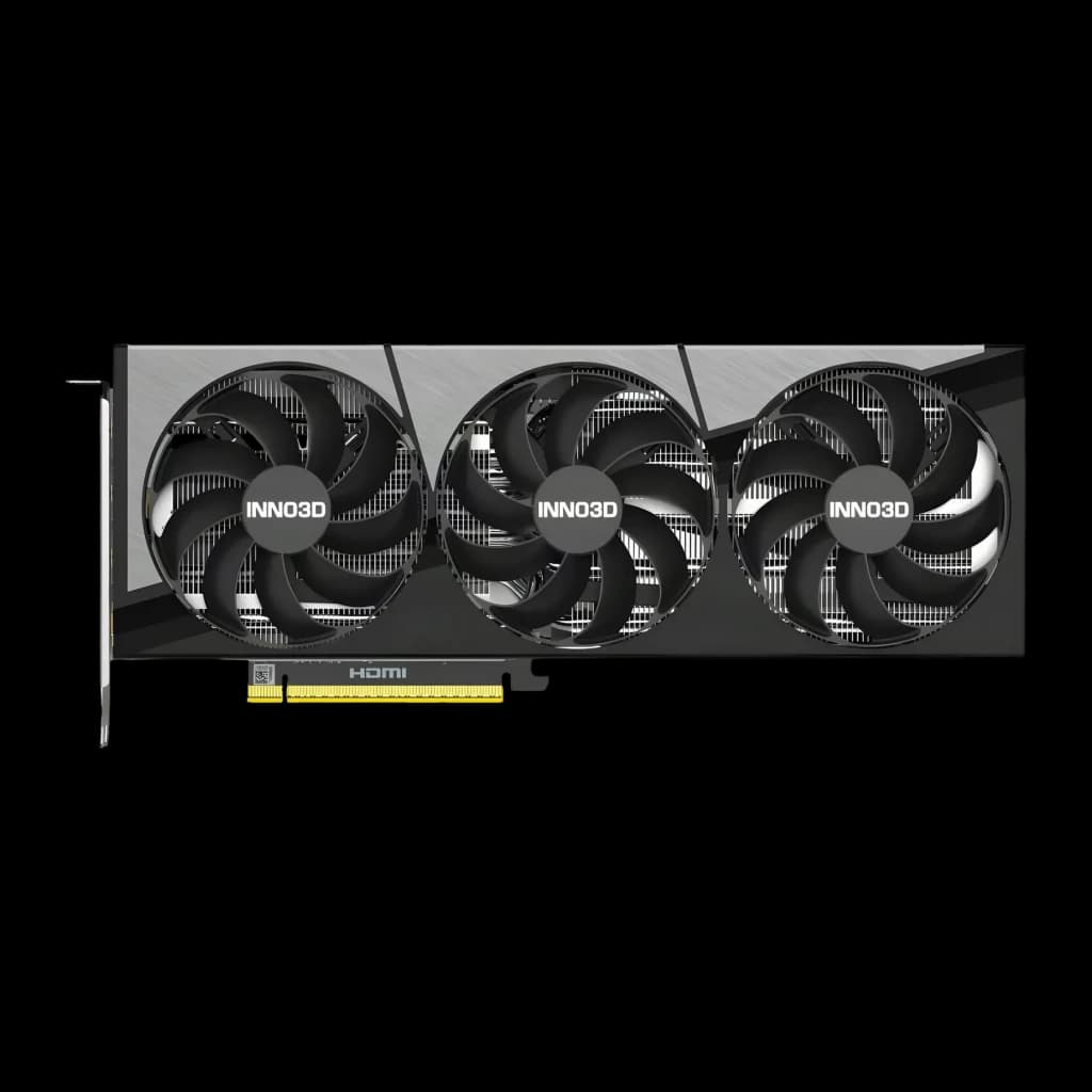 Inno3D GeForce RTX 5080 X3 OC 16GB GDDR7 Negro, detalle frontal: tres ventiladores con logo Inno3D y conector HDMI dorado